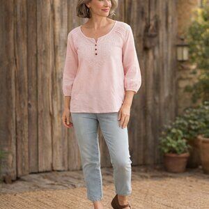 Women's Carole Little 100% Linen Pink Blouse Size Med Beachy Cottagecore Spring